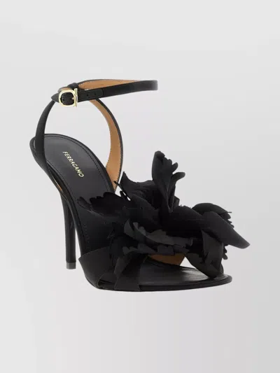 Ferragamo Satin Flower Sandal In Black