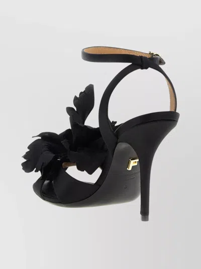 Ferragamo Satin Flower Sandal In Black