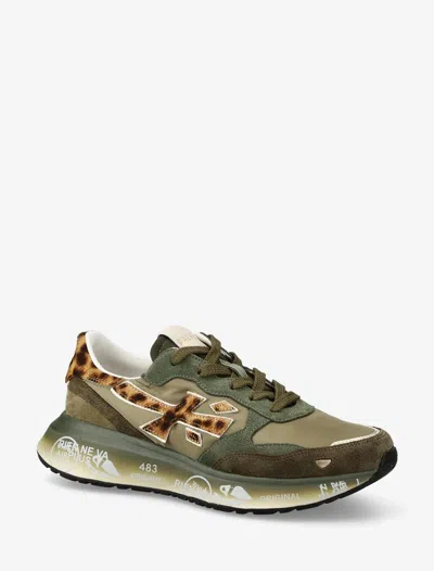 Premiata Green Technical Fabric And Suede Sneakers With Leopard-print Details In Multi
