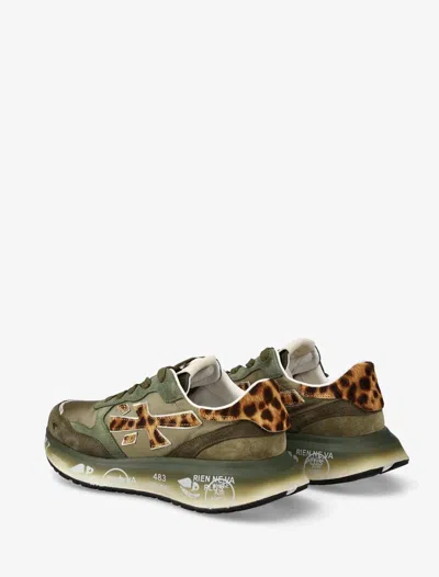 Premiata Green Technical Fabric And Suede Sneakers With Leopard-print Details In Multi