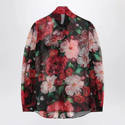 Dolce & Gabbana Shirt With Bow In Chiffon With Floral Print In Multi