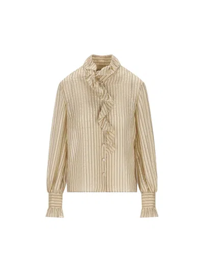 Valentino Metallic Striped Ruffle Button-down Shirt In Neutral
