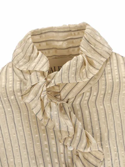 Valentino Metallic Striped Ruffle Button-down Shirt In Neutral