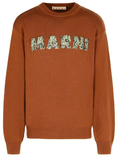 Marni Ribbed Cuff Long Sleeve Virgin Wool Sweater In Brown
