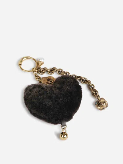 Chloé Symbols Heart Shearling Bag Charm In Brass In Black