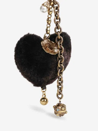 Chloé Symbols Heart Shearling Bag Charm In Brass In Black
