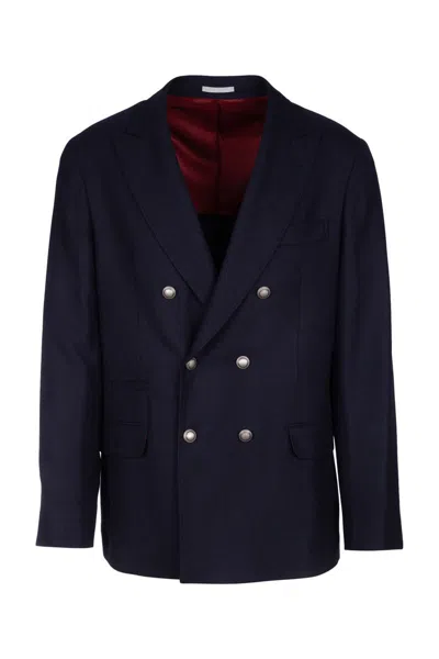 Brunello Cucinelli Tailored Double-breasted Jacket With Notch Lapels In Blue