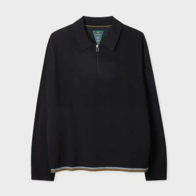 Ps By Paul Smith Black Zip Washable Merino-wool Polo Shirt In Black