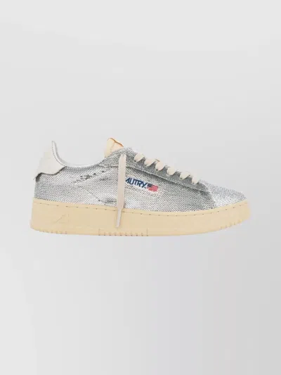 Autry Dallas Low Sparkling Sneakers In Silver And White Sequins Shoes In Silver