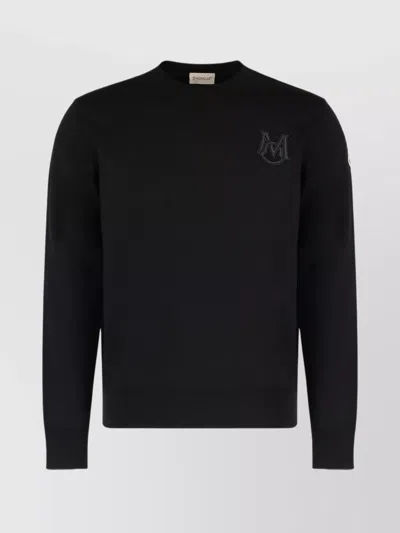 Moncler Cotton Knit Sweater Featuring Embroidery In Black