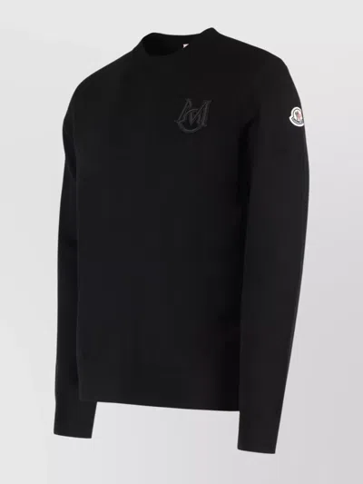 Moncler Cotton Knit Sweater Featuring Embroidery In Black