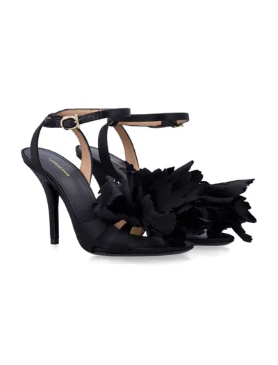Ferragamo Black Satin Flower Sandals In Black