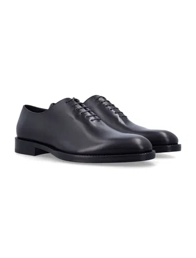 Ferragamo Almond Toe Brogues With Double Leather Sole In Black