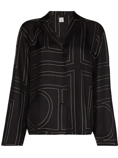 Totême Toteme Women Silk Shirt With Monogram Logo Embroidery In Black