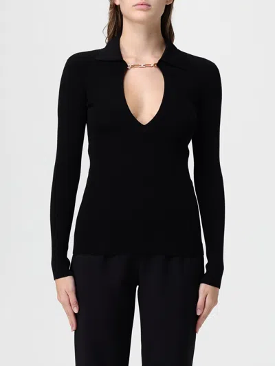 Elisabetta Franchi Deep V-neck Sweater With Gold Accent And Ribbed Texture In Black