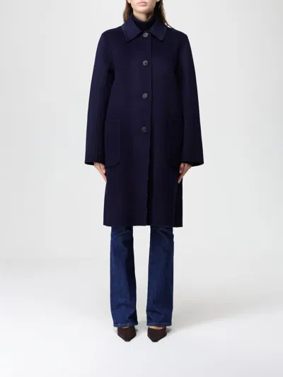 Tory Burch Jacquard Wool Coat With Monogram T In Blue