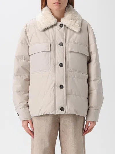 Brunello Cucinelli Quilted Jacket With Shearling Collar And Pockets In Neutral