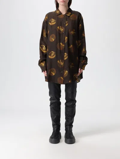 Uma Wang Long Sleeve Collared Printed Top In Brown