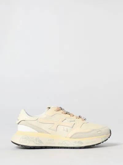Premiata Light Beige Calf Leather Low-top Sneakers With Metallic Accents In Sand