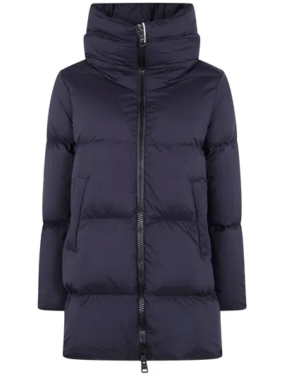 Herno Long Quilted Jacket High Collar In Blue