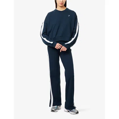 Gymshark Womens Dp Petrl/smk Blu/sft Wht Piping Midi Crewneck Cotton-jersey Sweatshirt In Blue