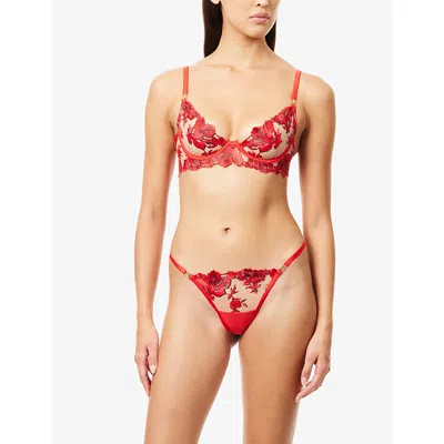 Bluebella Womens Red/ Black/ Sheer Lavanya Floral-embroidered Stretch-mesh Thong In Red