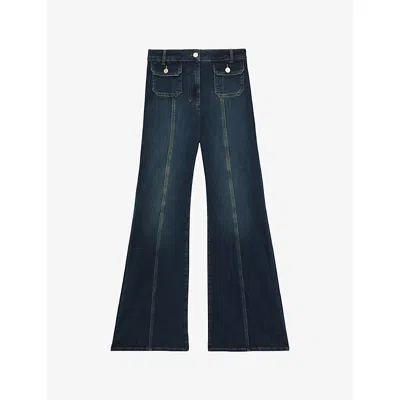 Reiss Glora Button Detail High Rise Flare Jeans In Mid Blue In Blue