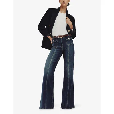 Reiss Glora Button Detail High Rise Flare Jeans In Mid Blue In Blue