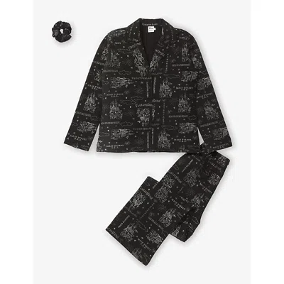 The Disney Store At Selfridges Womens Black Disney X Skinnydip Unisex Graphic-print Cotton Pyjama Set With Scrunchie Xl In Black