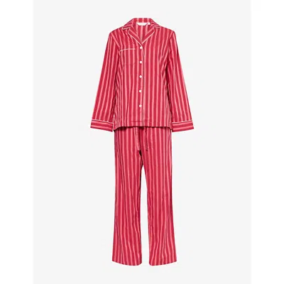 Derek Rose Womens Pink Capri Striped Cotton-poplin Pyjama Set In Red