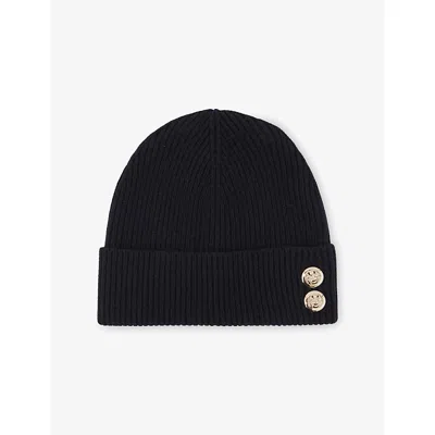 Reiss Navy Merino Wool Blend Button Beanie With Cashmere In Black