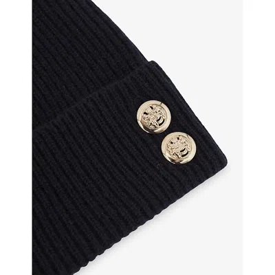 Reiss Navy Merino Wool Blend Button Beanie With Cashmere In Black