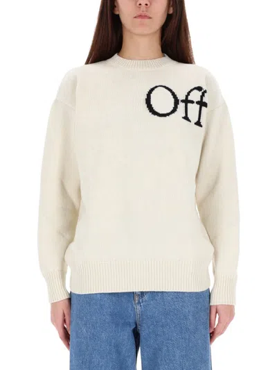 Off-white White Sweater With Logo Intarsia In Neutral