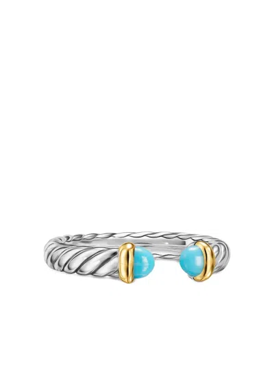 David Yurman Sterling Silver And 14k Yellow Gold Petite Cable Turquoise Ring In Metallic