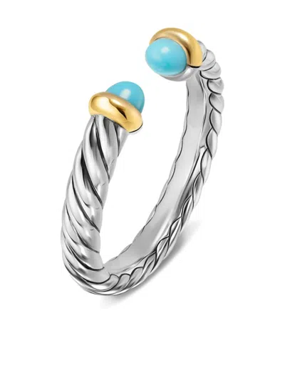 David Yurman Sterling Silver And 14k Yellow Gold Petite Cable Turquoise Ring In Metallic