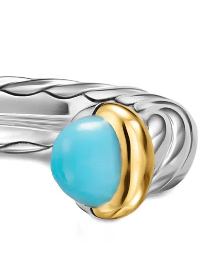 David Yurman Sterling Silver And 14k Yellow Gold Petite Cable Turquoise Ring In Metallic