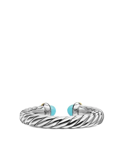David Yurman Sterling Silver And 14k Yellow Gold Petite Cable Turquoise Ring In Metallic