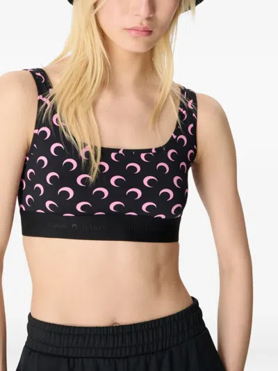 Marine Serre "moon" Printed Jersey Sports Bra In Black