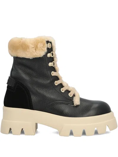 Bogner Shearling-trim Lace-up Combat Boots In Black