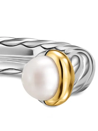 David Yurman Sterling Silver And 14k Yellow Gold Petite Cable Pearl Ring In Silver