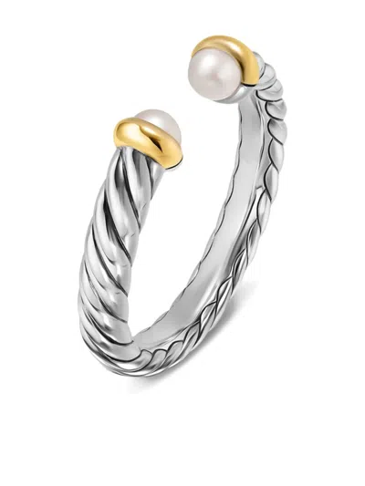 David Yurman Sterling Silver And 14k Yellow Gold Petite Cable Pearl Ring In Silver
