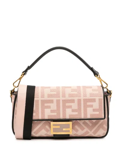 Pre-owned Fendi 2000-2025 Zucca Embroidered Canvas Baguette Satchel In Pink