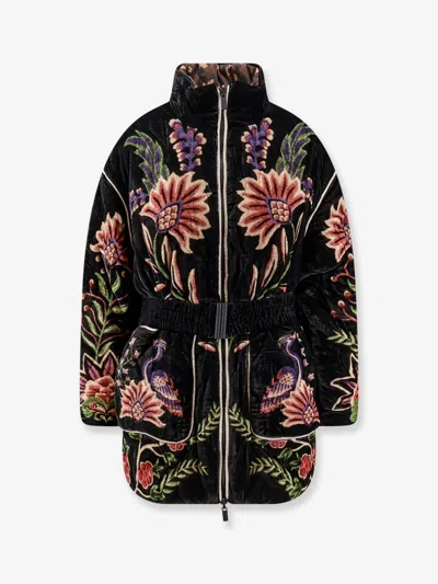 Farm Rio Padded Velvet Jacket With Floral And Bird Embroidery In Black