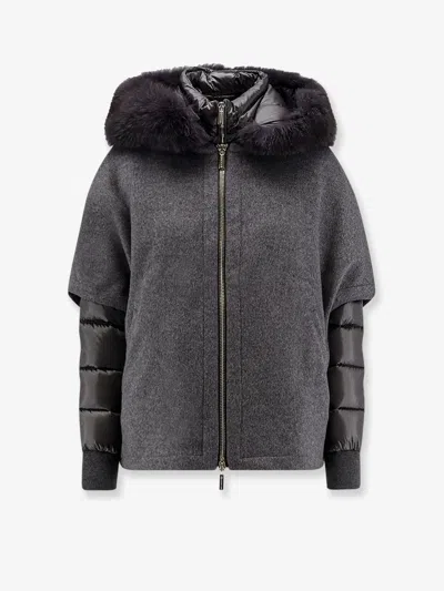Moorer Short Cape In Dark Gray Cashmere Wool With Detachable Goose Down Jacket In Gray