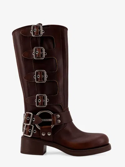 Miu Miu Stivali Buckle-detailed Leather Knee Boots In Brown
