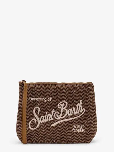 Mc2 Saint Barth Aline Wool Clutch With Herringbone Motif And Rhinestones In Brown