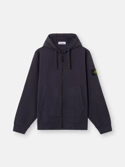 Stone Island Hooded Zipper-up Sweatshirt With Pockets In Blue