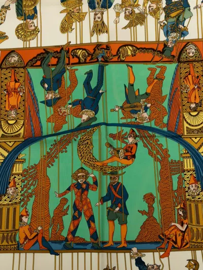Pre-owned Hermes 1990-2000 Le Temps Des Marionnettes Silk Scarf Scarves In Green