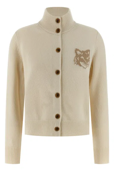 Maison Kitsuné Fox Head Intarsia Merino High Neck Cardigan Knitwear Beige In Neutral