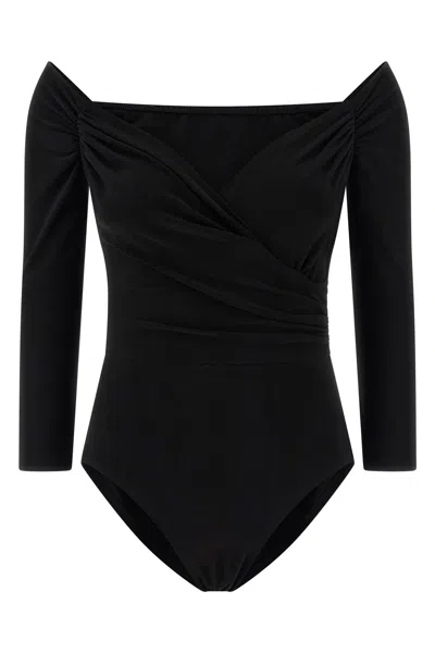 Norma Kamali Black Bodysuit With Sweetheart Neckline In Tech Fabric Stretch Woman In Black